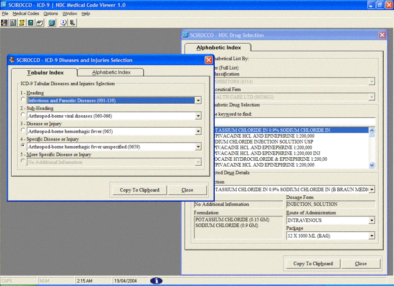 SCIROCCO ICD-9 / NDC Medical Code Viewer Screenshot